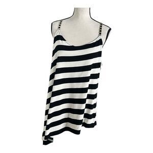 Black and white horizontal striped loose-fitting asymmetrical hem shirt dress XL